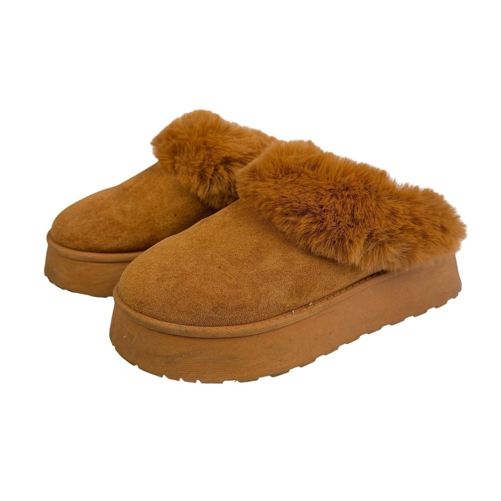 Brown Faux Fur Platform Slides Mules Slippers Womens 6 Chunky Cozy Retro